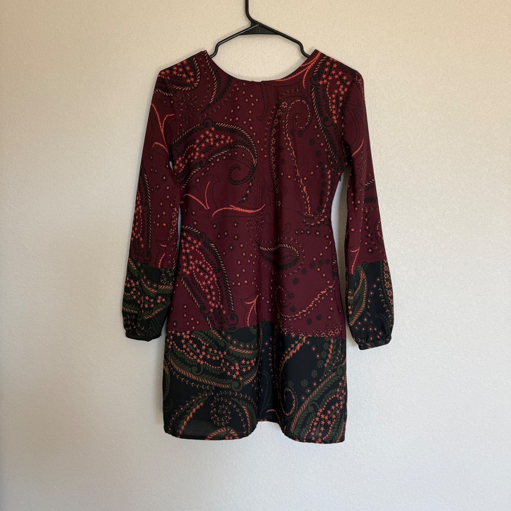 Abercrombie & Fitch Burgundy Paisley Long Sleeve Mini Dress XS Boho A-line Print